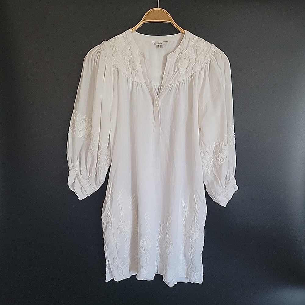 Joie Farida Embroidered Linen Tunic Dress XS White Balloon Sleeve Boho Coastal